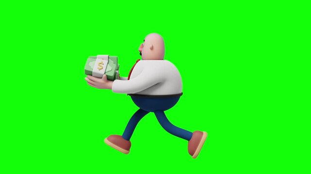 A 3D cartoon illustration of a bald, overweight businessman running in profile view while reaching for stacks of cash bundles. The character wears a white shirt, red tie, blue pants, and brown shoes.