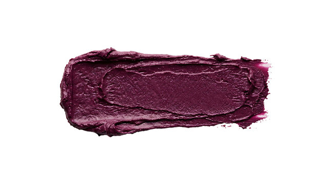 Deep dark purple lipstick texture smeared in a thick horizontal stroke pattern created with professional cosmetic makeup on transparent background