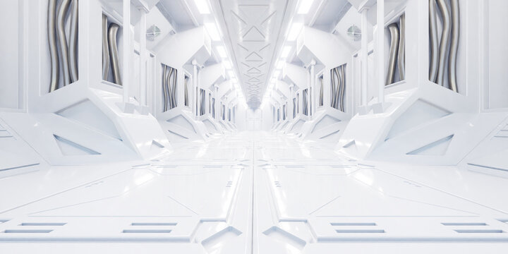 High resolution 3d futuristic corridor featuring white metallic surfaces, geometric panels, symmetrical perspective, bright integrated lighting, advanced technology, sci fi architecture, clean space.