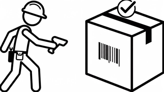 Animated Black and White Stick Figure Scanning Barcode Warehouse Concept
