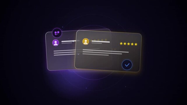 Dark Mode Customer Review Feedback Card Motion Render with Rating Stars and Testimonial User Interface Elements Floating in Space