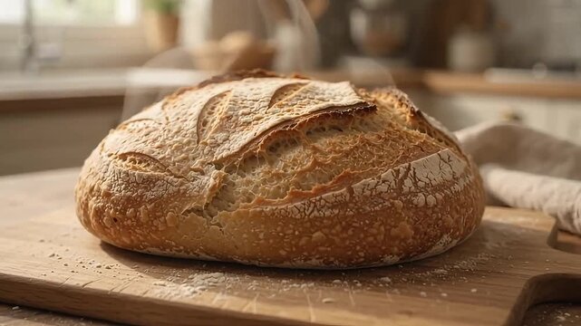 Fresh bread loaf resting on wooden cutting board