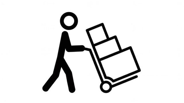 Animated Black and White Stick Figure Pushing Warehouse Trolley Concept