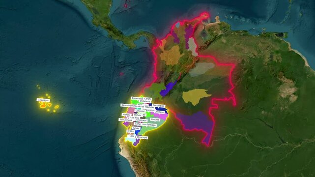 Ecuador and Colombia Map Zoom Animation with Provinces Division and Galapagos Islands