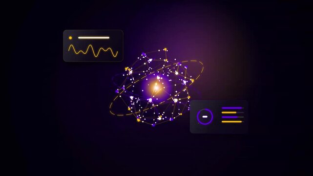 Abstract neural network and quantum computing technology concept with glowing data visualization dashboards and interactive UI elements on dark backdrop