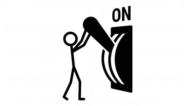 Animated Black and White Stick Figure Pulling Industrial Power Switch Concept