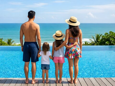 A family on summer holiday time stands at the edge of an infinity swimming pool and enjoys the view over the ocean