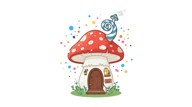 A whimsical mushroom-shaped house with a red-spotted cap, wooden door, and chimney on white background