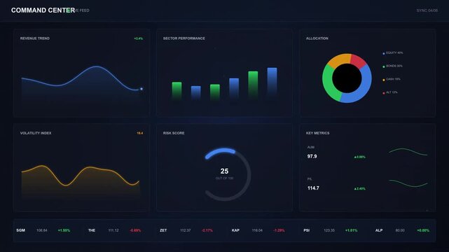 Modern dark digital data dashboard screen showing futuristic interactive diagrams graph visuals user interface concept for monitoring technology