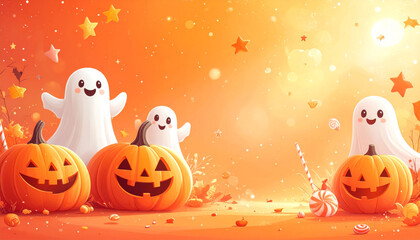 Fototapeta premium ハロウィン：可愛いお化けとカボチャのポップな背景デザインシリーズ
