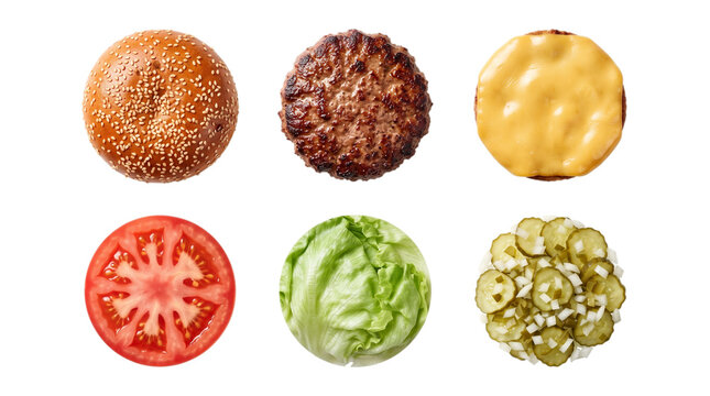 Gourmet burger ingredients set, fresh hamburger components on white background, sesame bun with beef patty and vegetables