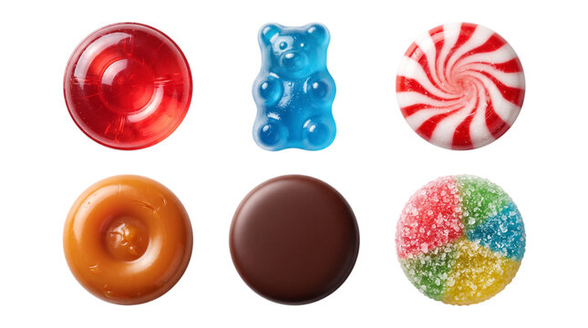 Assorted colorful candy collection on white background, gummy bear and peppermint sweets, chocolate and caramel treats set