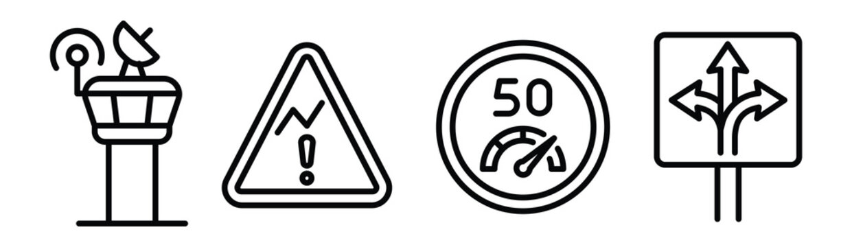 Set of four linear icon designs featuring a control tower, warning symbol, fifty speed limit sign, and a directional traffic sign. Editable stroke illustration