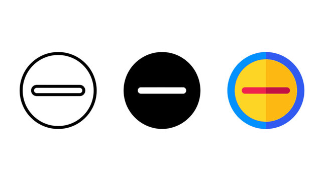 Minus circle remove sign icon set in outline solid and colorful vector styles with subtract decrease colorful interface