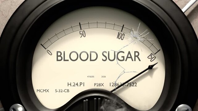 Blood sugar meter showing big levels of blood sugar. Dangerously increasing high values of blood sugar, critical overload. Too much, off the charts. Max blood sugar
