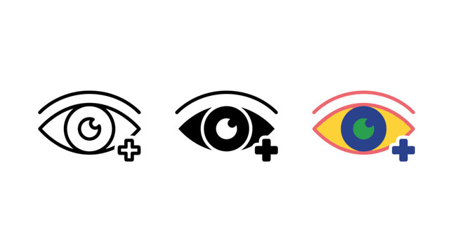 Eye vision add icon vector set in outline glyph and colorful flat designs ophthalmology examination optometry observation