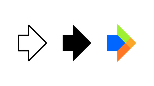 Set of right direction arrow navigation icons in outline silhouette and colorful styles with direction navigation silhouette