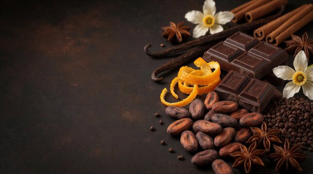 Delicious Assorted Chocolates With Spices And Citrus On Dark Wooden Background.