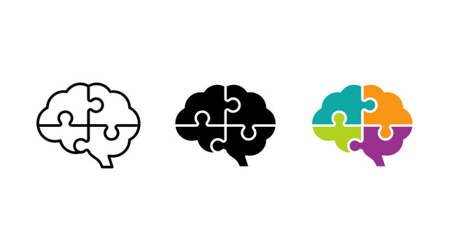 Human brain puzzle outline and solid vector icons showing cognitive problem solving with cognitive intelligence thinking