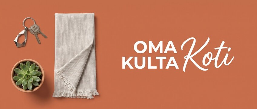 House keys potted succulent towel flat lay top view on orange background with Finnish text Oma Kulta Koti, home concept real estate moving banner cozy minimal decor layout design.