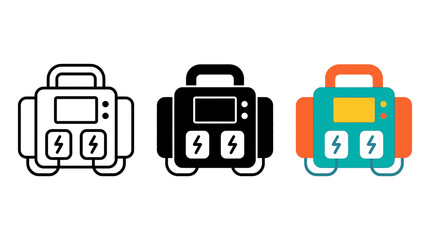 Fototapeta premium Portable power station generator icon set in outline glyph and flat color styles with generator portable electricity technology