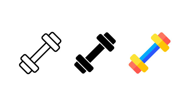Fitness dumbbell exercise weight icon set in outline glyph and flat color styles with dumbbell exercise training strength