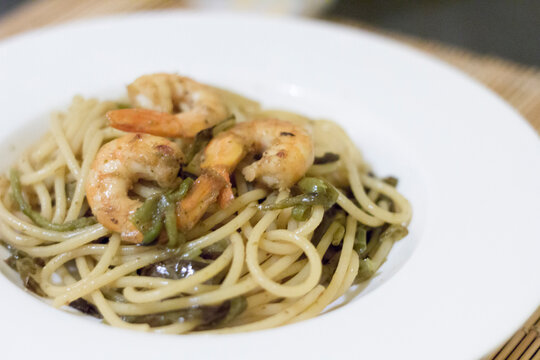 Spaghetti With Agretti Greens And Seared Shrimp