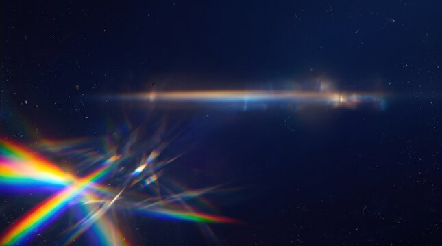 Abstract space with vibrant rainbow lens flare and light leaks, cosmic galaxy texture, sci-fi atmosphere, starry night sky, creative overlay effect, futuristic design element