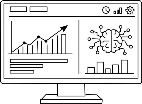 Clean professional line art of a computer monitor displaying a simplified analytics dashboard
