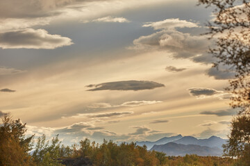 Fototapeta premium Environment, landscape and sunrise with woods, terrain and outdoor for adventure or conservation. Clouds, ecology and nature with scenery by mountain for discovery, exploration or natural space