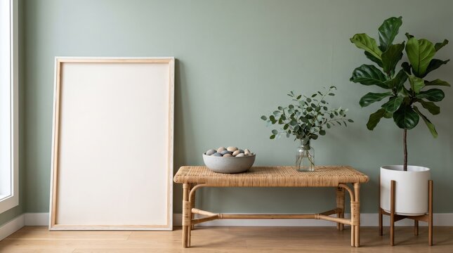 Minimalist interior design mockup scene, empty wooden frame leaning against sage green wall, rattan console table with stone bowl and eucalyptus vase, large fiddle leaf fig plant