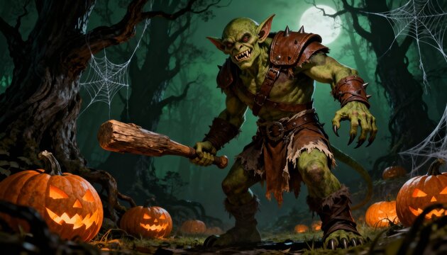 Fierce green goblin warrior with wooden club among glowing jack-o'-lanterns in haunted Halloween forest