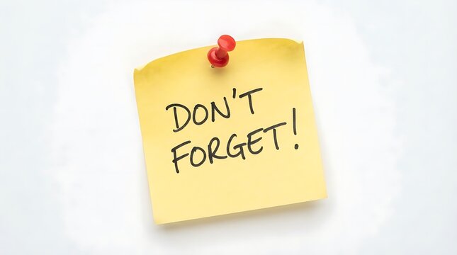 Yellow sticky note with red push pin and handwritten text saying do not forget reminder message on paper square