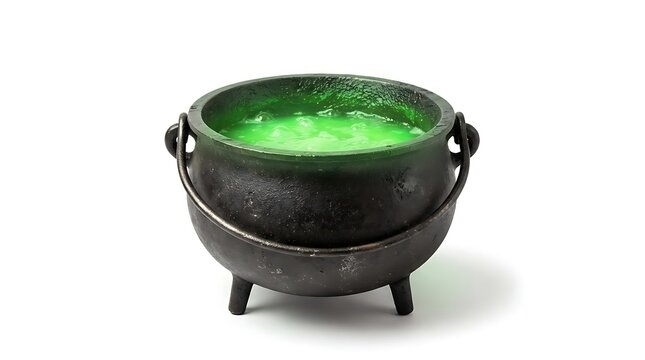 Black iron witch cauldron filled with glowing green magic potion for halloween celebration and fantasy holiday event
