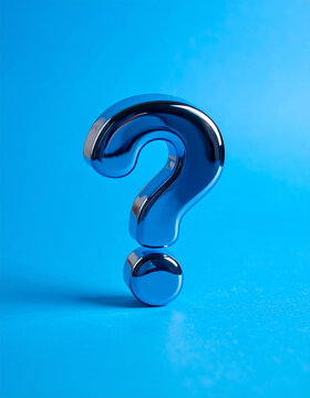 Glossy 3D question mark on vibrant blue surface, softly blurred blue background, modern problem-solving concept. Close-up.
