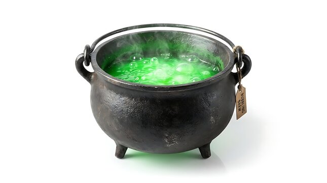 Black iron witch cauldron with boiling glowing green potion for magic spells and halloween party celebration