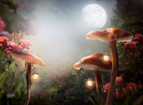 Fantasy whimsical enchanted fairy forest with mushrooms and hanging glowing lanterns, rose flowers and moon at night, fairytale magical landscape, mysterious background with whimsy wood and copy space