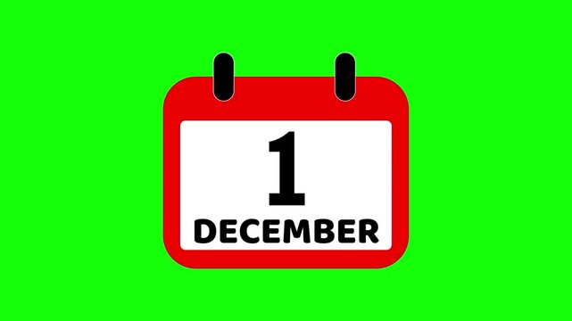 Calendar page showing December 1, highlighted in red. Suitable for scheduling, planning, events, appointments, and time management concepts on green screen background. 4K