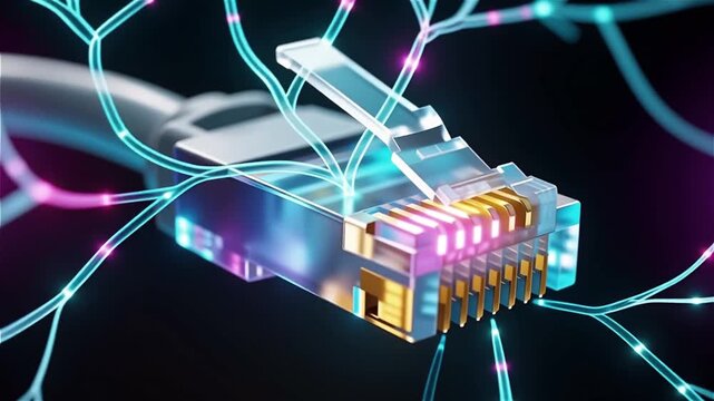 Ethernet cable connector with glowing data streams