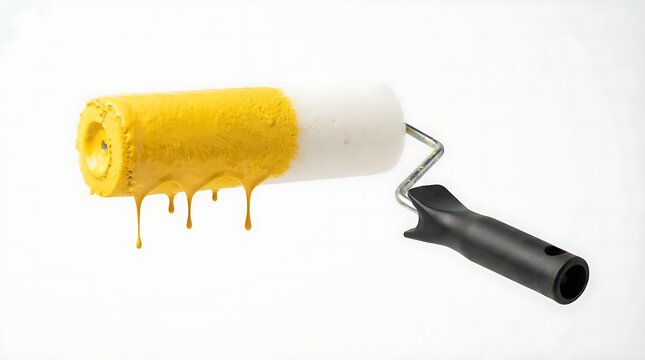 A paint roller tool with thick yellow paint dripping from the sponge head for home renovation and wall painting
