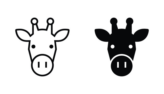 Giraffe head vector icon isolated on white Black and white outline line art and solid glyph silhouette