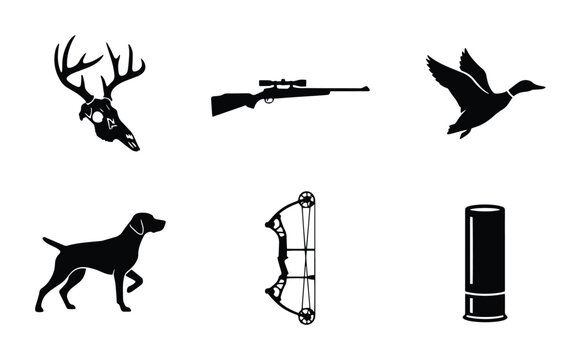 Hunting Icons Set: Deer Skull, Rifle, Duck, Dog, Bow, Shotgun Shell, Vector Graphics
