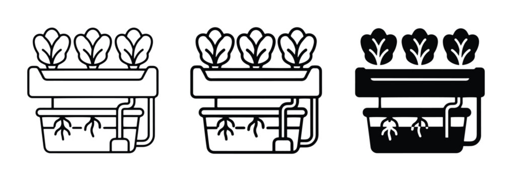 Hydroponic System Icons: Vertical Farming, Leafy Greens, Root Vegetables, Water Culture