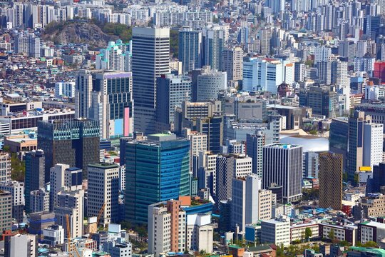 Seoul cityscape in South Korea. Urban landscape of Jung and Dongdaemun districts.