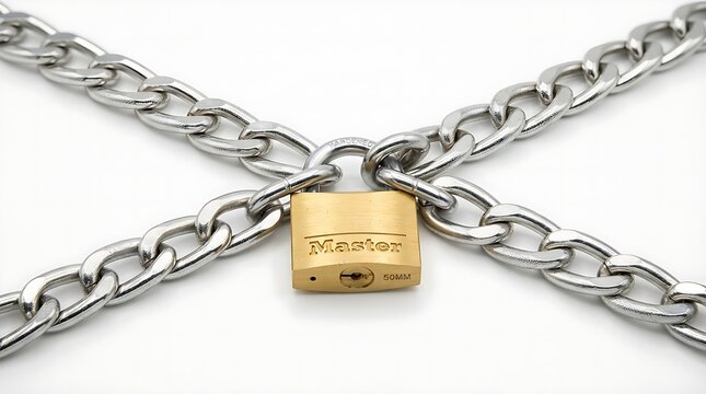 A brass padlock locked with two heavy metal silver chains crossed over each other showing security and safety