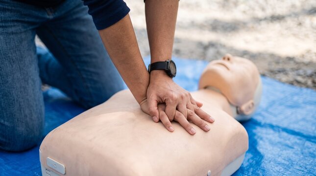 Man Performing CPR Chest Compressions on Training Mannequin for First Aid Certification and Emergency Response Courses