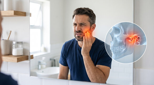 Man in bathroom mirror holding side of painful jaw with strained expression. Glowing red pain zone with CGI jaw and temporomandibular joint inset overlay. TMJ disorder concept