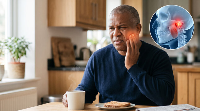 Mature man at breakfast table pressing hand to painful jaw joint. Glowing red pain spot with CGI mandible and TMJ inset overlay. Jaw clenching and teeth grinding concept. Copy space