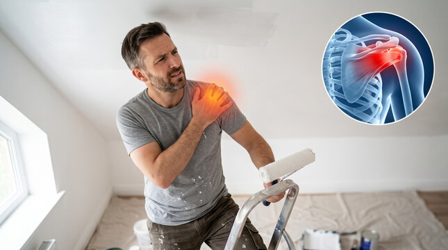 Man on stepladder painting ceiling stopping to clutch painful shoulder. Glowing red pain zone with CGI rotator cuff inset overlay. Overhead work shoulder injury concept. Copy space