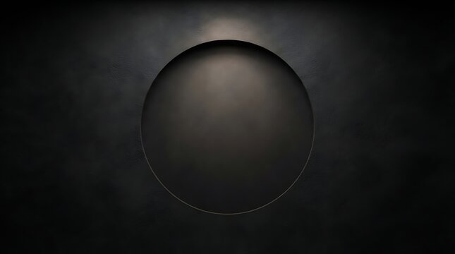 Abstract dark circular depression with subtle overhead lighting on a textured background, creating a minimalist and mysterious visual effect.